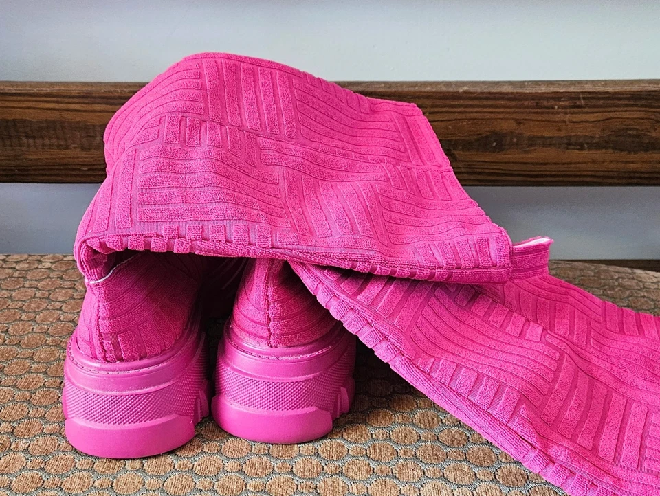 Mujer Botas Hasta la Rodilla Tacón Grueso Toalla Algodón Rosa Caliente Talla 7 EE. UU. / 38 UK Foto 3 de 4