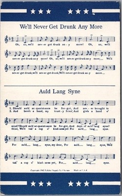 1942 Exhibit Co Arcade Card Song Postcard ''We'll Never Get Drunk Any More'' Music