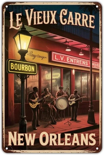 Bourbon Street New Orleans Cityscape Tin Metal Signs Home Décor 8x12 Vintage Jaz