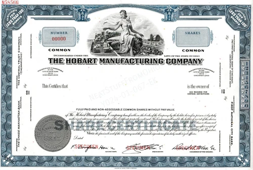 HOBART MANUFACTURING CO., STOCK CERTIFICATE, EXTREMELY RARE BLUE “SPECIMEN” 😃
