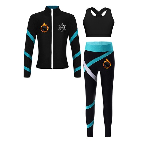 Kids Girls Tracksuit Skating Fleece Jacket and Dance Crop Top with Pants Set - Picture 32 of 42