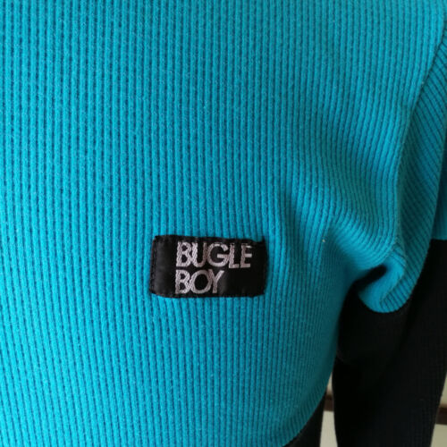 Vintage 90s Bugle Boy Two Tone Black Aqua Blue Long Sleeve Thermal Shirt Sz M - Picture 3 of 6