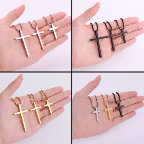 Fiusem Cross Necklace for Men, Silver/Gold/Black Mens Cross Necklaces with 2.5mm - Picture 3 of 8