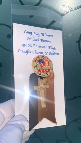 American Flag Long May It Wave Pinback Button Crucifix Charm Ribbon 1940s WWII