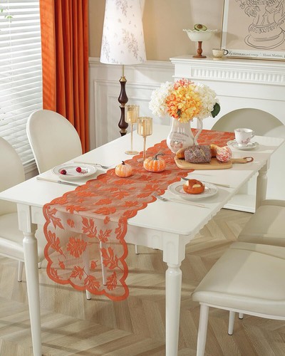 33x183 Embroidered Maple Leaf Lace Table Runner Thanksgiving Autumn Fall Decor - Picture 3 of 7