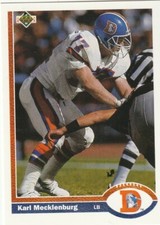 FREE SHIPPING-MINT-1991 Upper Deck Karl Mecklenburg #105 BRONCOS +BONUS CARDS