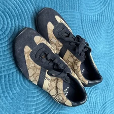 COACH Kelson Signature Jacquard Sneakers Khaki Beige Black Suede Sz 8