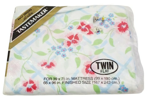 Vintage Tastemaker Muslin Twin Flat Sheet White Blue Floral 1970s USA New - Picture 3 of 4