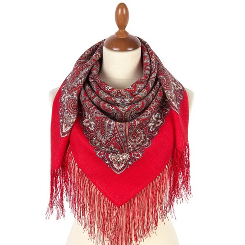Midday Red Pavlovo Posad Wool Shawl with Silk Fringe 35x35" Russian Shawl 2062-5 - Picture 2 of 7