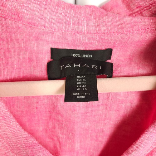 Blusa tunica donna Tahari 1x rosa 100% lino scollo a V manica 3/4 Popover - Foto 2 di 6
