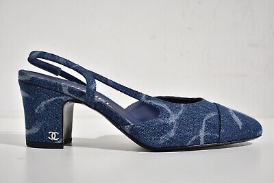 Chanel 23P Mademoiselle Coco Sling White Blue CC Logo Slingback Sandal Heel  37