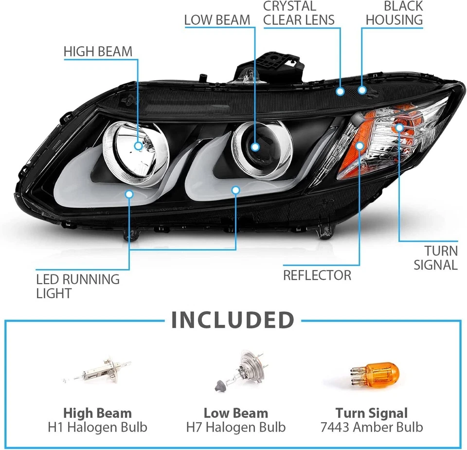 For Honda Civic 12-15 Sedan / 12-13 Coupe Black Projector Headlights LED U DRL - Image 3 of 4
