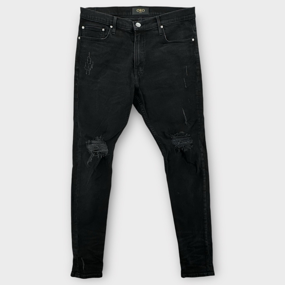 Oro Los Angeles Jeans Mens 32x34 Black Skinny Ripped Ankle Zip 