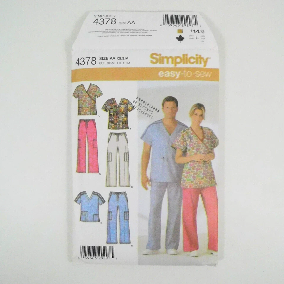 Simplicity 4378 Unisex Scrubs Tops Pants Pattern Size Uncut Pockets Drawstring - Image 3 of 4