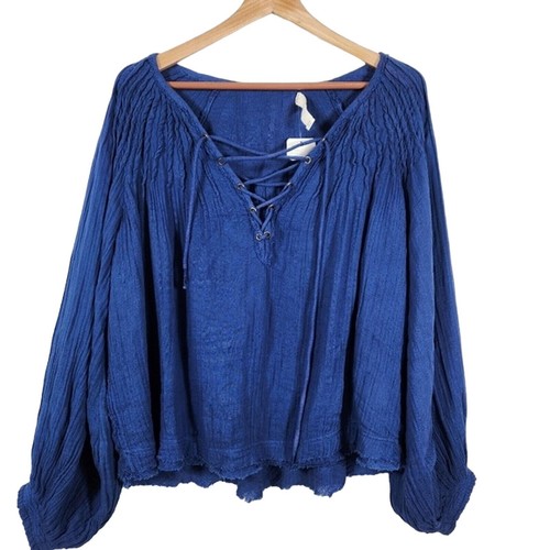 NWT We The Free Blue Ragged Edge Tie Front Peasant Blouse Size XS