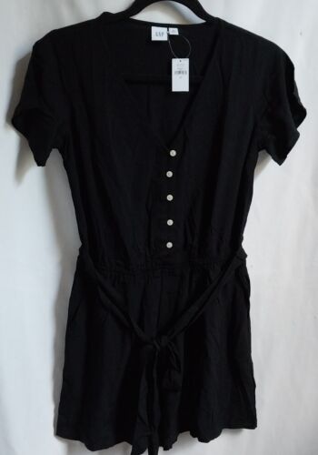 Gap Button Front Bow Belt Romper Womens XS Black Short Sleeve Casual ~ New