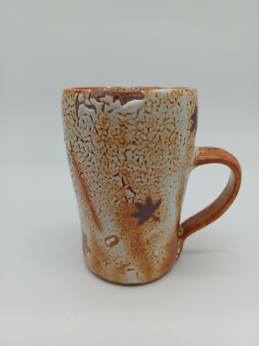 Hand Thrown Studio Art Pottery Textured Coffee Mug Stamped Burnt Orange Leaf - Picture 2 of 10