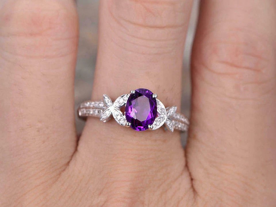 2.45Ct Oval Cut Amethyst Solitaire Engagement Wedding Ring 14K White Gold Size 6 - Imagem 3 de 4