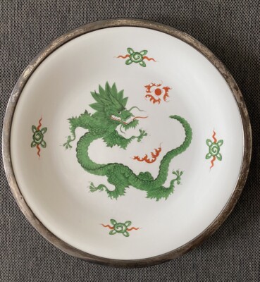 Meissen Antique Dragon Charger Sterling Silver Rim Chinese