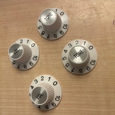 4x Classic Witch Hat Knobs to fit LP, Epi, Fender White with Silver Caps 6mm fit