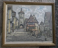 Hans Figura Aquatint Etching Of  Plönlein in Rothenburg  Tauber, Germany Signed