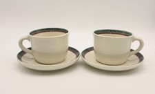 Set of 2 Vtg. Pfaltzgraff Juniper Stoneware Cups & Saucers  w/Teal & Burgundy
