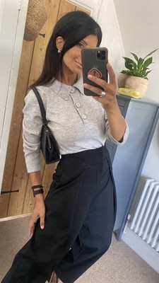 ASOS minimalistisches graues Langarm-Strickoberteil mit Knopfleiste und Kragen weich dünn! Größe 8