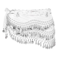 Belly Dance Hip Scarf 59x11" with 248 Silver Coin, White