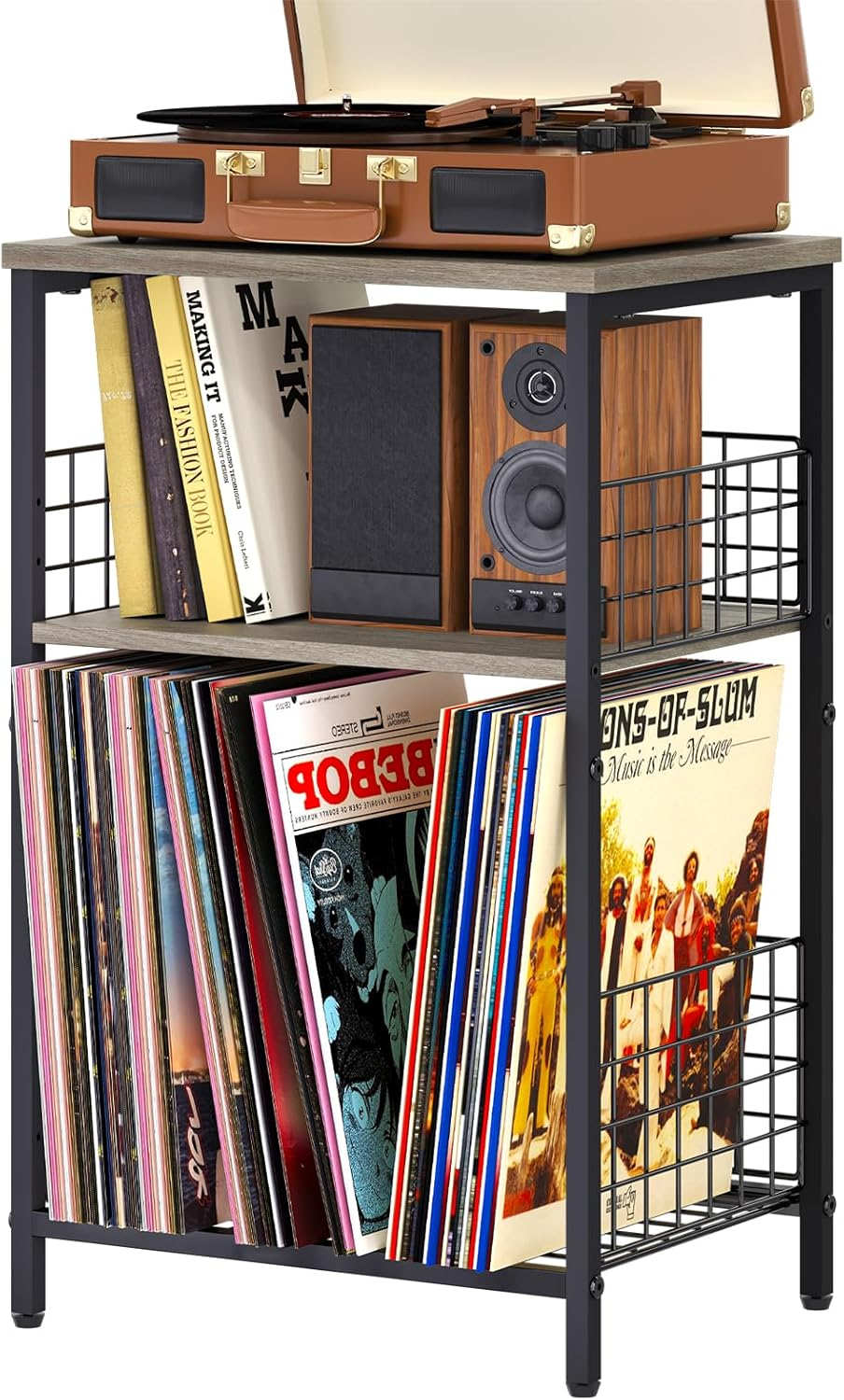 3-Tier Vinyl Record Stand with Storage for 100 Albums-image