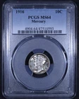 1916 Mercury Dime - 10c PCGS MS64 - Affordable Example!