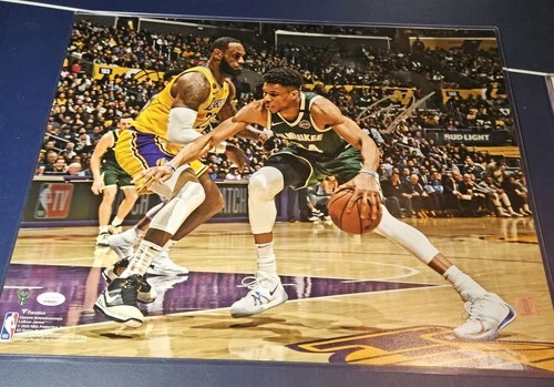 Giannis Antetokounmpo Signed 16x20 Photo w/ Lebron JSA COA Milwaukee Bucks 2 MVP