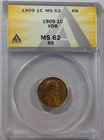 1909 P Lincoln Cent ANACS MS-62 VDB RB