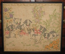 Framed Completed Needlepoint Cats 7 Kittens in Garden Tea Stained Linen