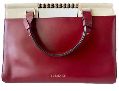 BVLGARI Serpenti Scaglie Tricolor Leather Top Handle Day Bag - Burgundy & Cream