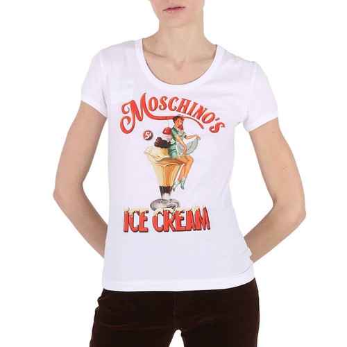 Moschino Ladies White Ice Cream Print Cotton T-Shirt, Brand Size 40 (US Size 6)
