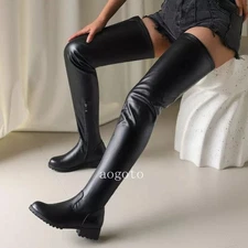 Women's Over The Knee Thigh High Boots Block Low Heels Zipper Round Toe Shoes