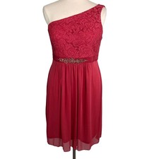 Adrianna Papell Evening Dress One Shoulder Ruched Waist Rhinestone Trim Chiffon