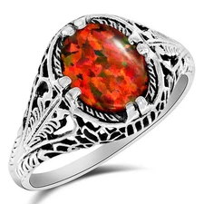 2CT Red Fire Opal 925 Solid Sterling Silver Art Deco Look Ring Sz 6,7,8 US3