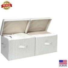 Collapsible Large Storage Boxes with Handles - Stackable Striped Baskets, 2-Pack