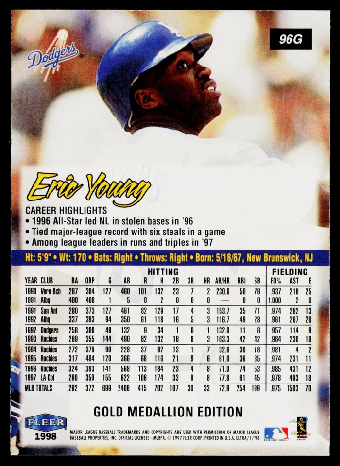 1998 Ultra Gold Medallion #96G Eric Young Los Angeles Dodgers - Image 2 of 2