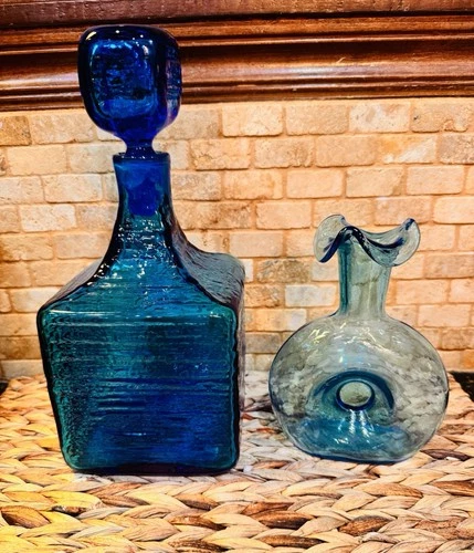 Blue Vintage Blenko Glass Decanter with Stopper and donut hole Vase