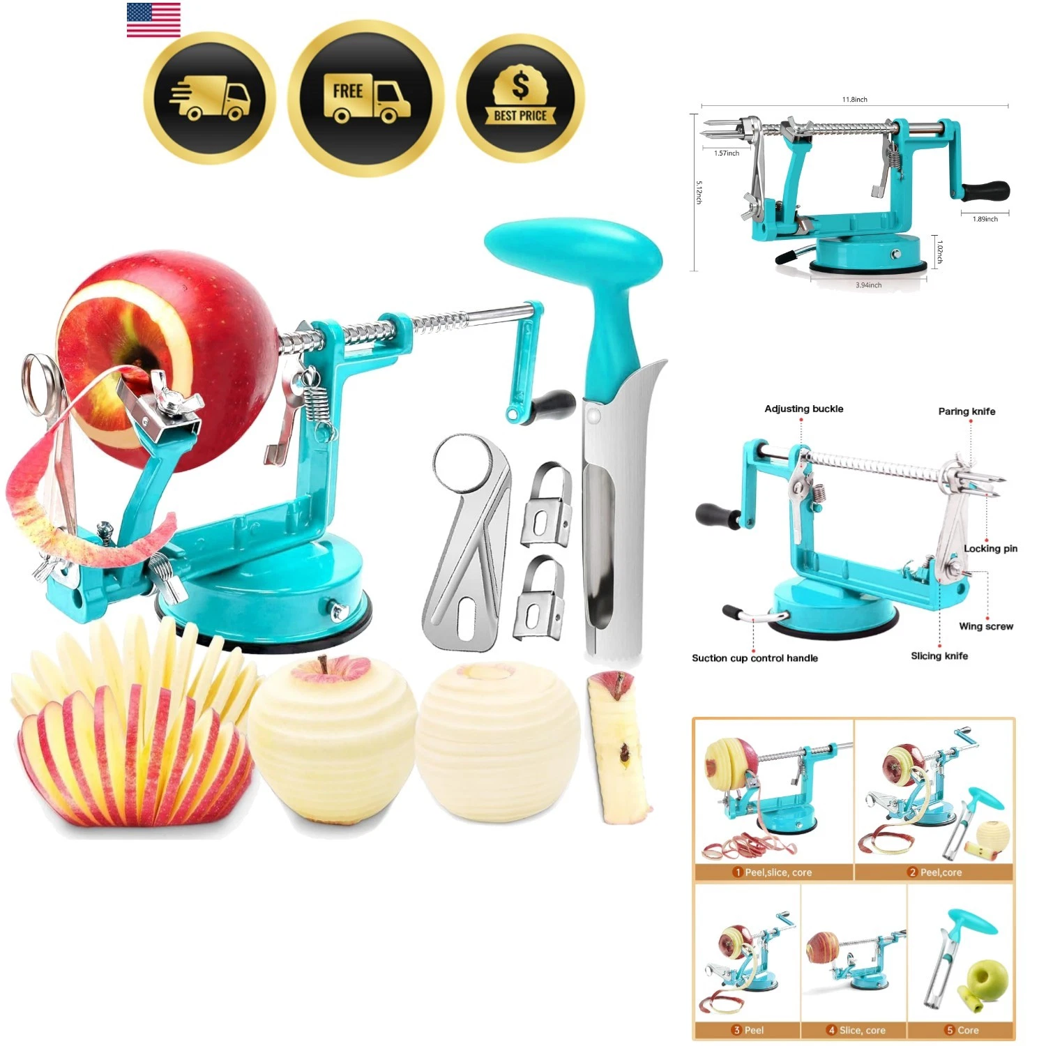 Apple Peeler Corer Slicer 5in1 Stainless Steel Base for Fruits Vegetables
Opens in a new window or t