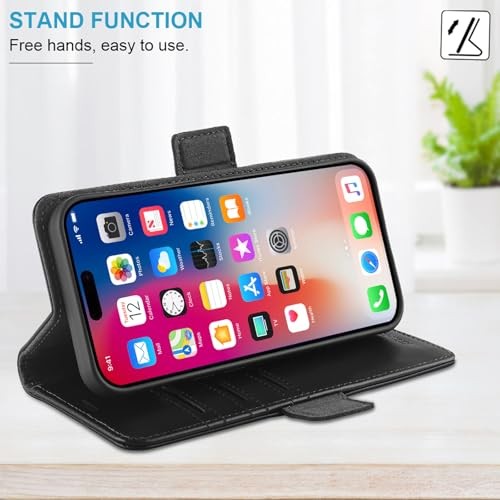 Wallet Case Compatible with iPhone 16 Pro, Genuine Leather Folio Case Black - Afbeelding 5 van 7