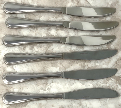 6 Oneida Dinner Knives 7'' Stainless Steel Rounded Handle Beaded Pattern Flatware