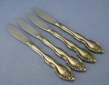 Everbrite Deluxe Stainless 4 Dinner Knives Floral Scroll Tip Glossy