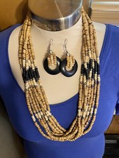 Multi-toned Tribal Style wood beads 29  necklace and hook pierced earrings set
