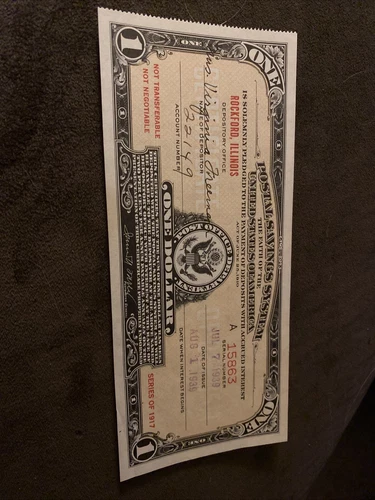 1917 $1 Rockford Illinois Postal Savings Certificate 15863 Serial Number!