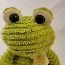 Hugfun Cord Frog Plush Stuffed Animal Green Ribbed Yellow White Chevron Bow 11"