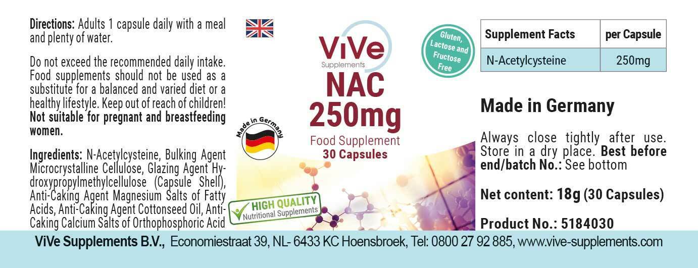 NAC 250 mg - 30 Kapseln - N-Acetyl-Cystein - 100 vegan ViVe Supplements