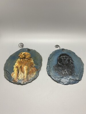 Two Hand Painted Dogs on Recycled Roof Slate Hanging Artist Signed Lynda Chaffee